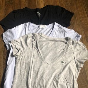 3 vneck t shirts. Gray, light blue, black
